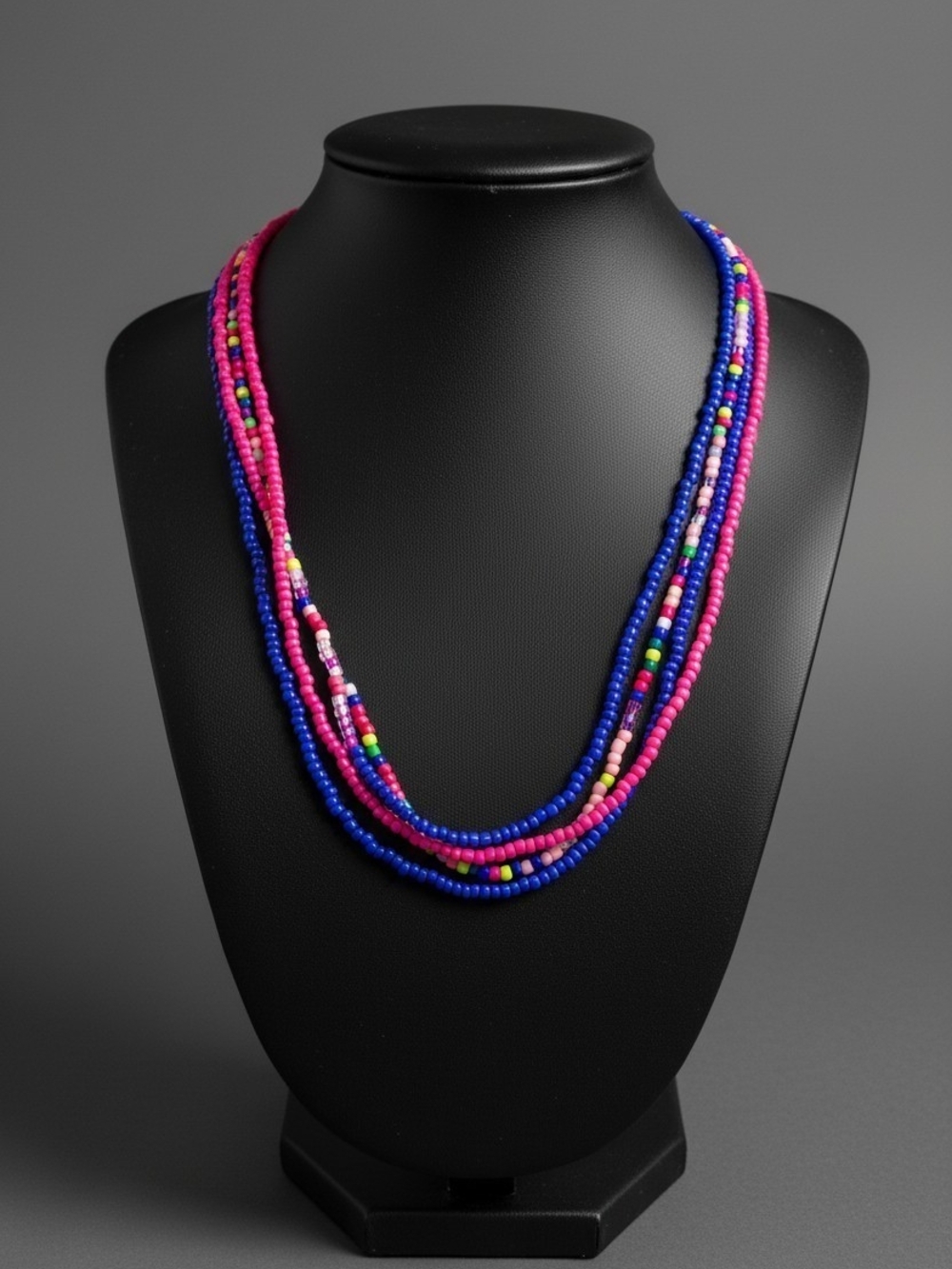 Multi-Strand Pink & Blue Seed Bead Necklace